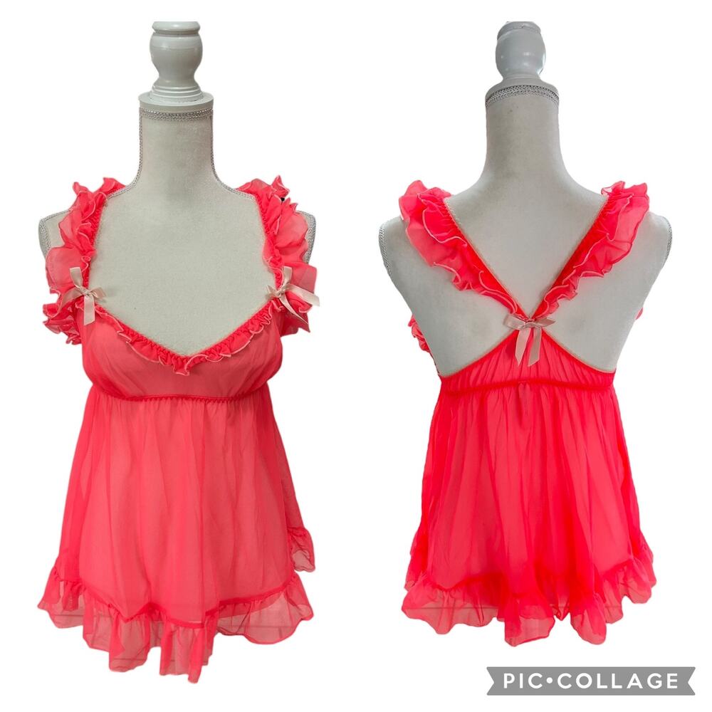 Victorias Secret Y2K Pink Ruffle Lingerie Babydoll Slip Top Size Medium Coquette - Picture 1 of 12